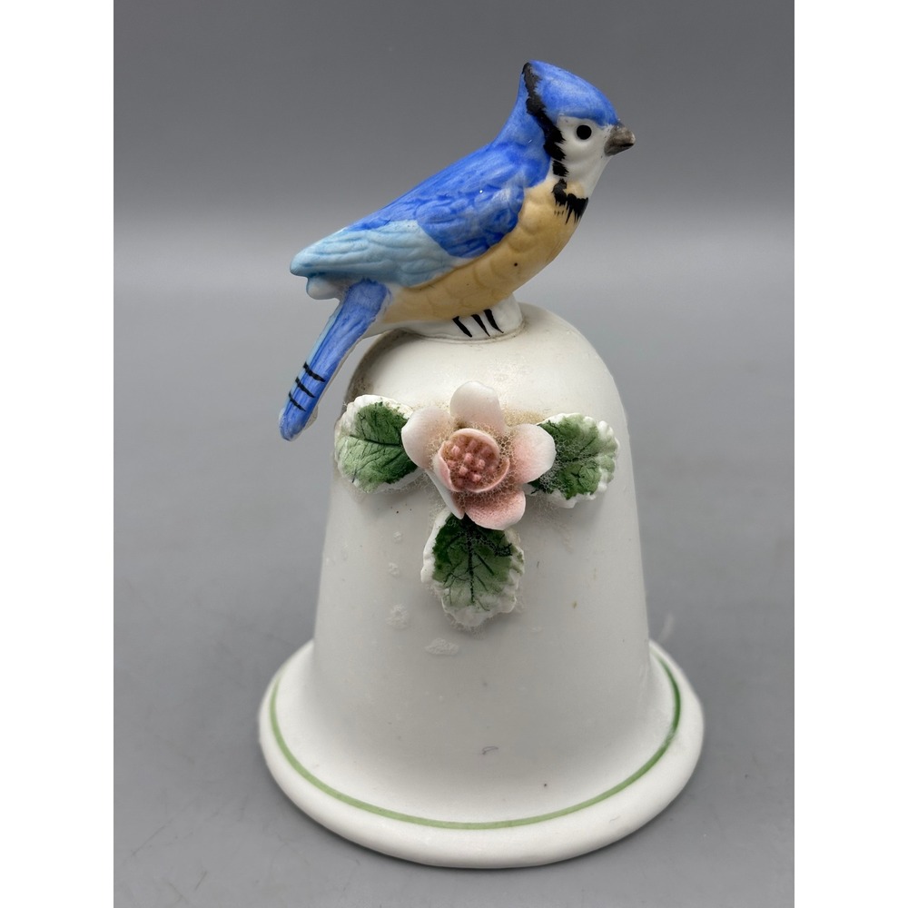 Vintage Blue Jay Porcelain Bell Hand Painted Bird Figurine with 3D Flower GC